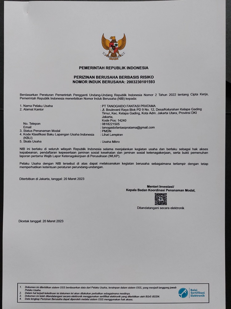Surat Izin Berusaha PT. Tanogaido Fantasi Pratama