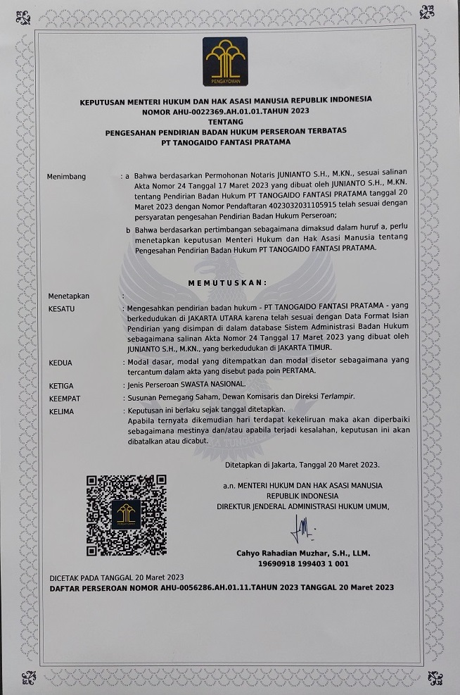 legalitas PT. Tanogaido Fantasi Pratama